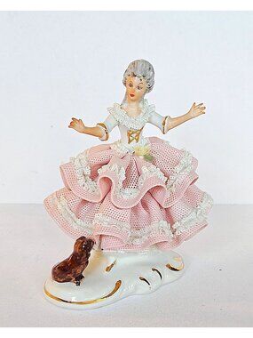 Dresden Porcelain Figurine Lady In Pink Dress With Dog - Made In West Germany